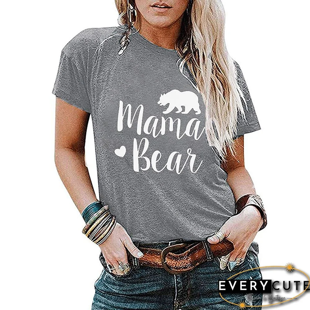 Gray MAMA BEAR Print Short Sleeve Tees