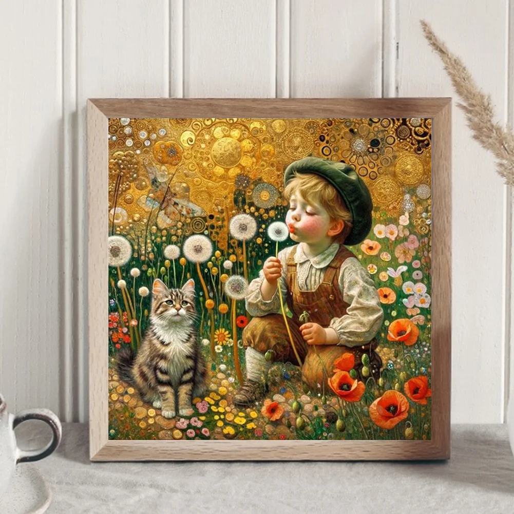 Full Round Diamond Painting 30*30cm - Child, Kitten And Dandelions