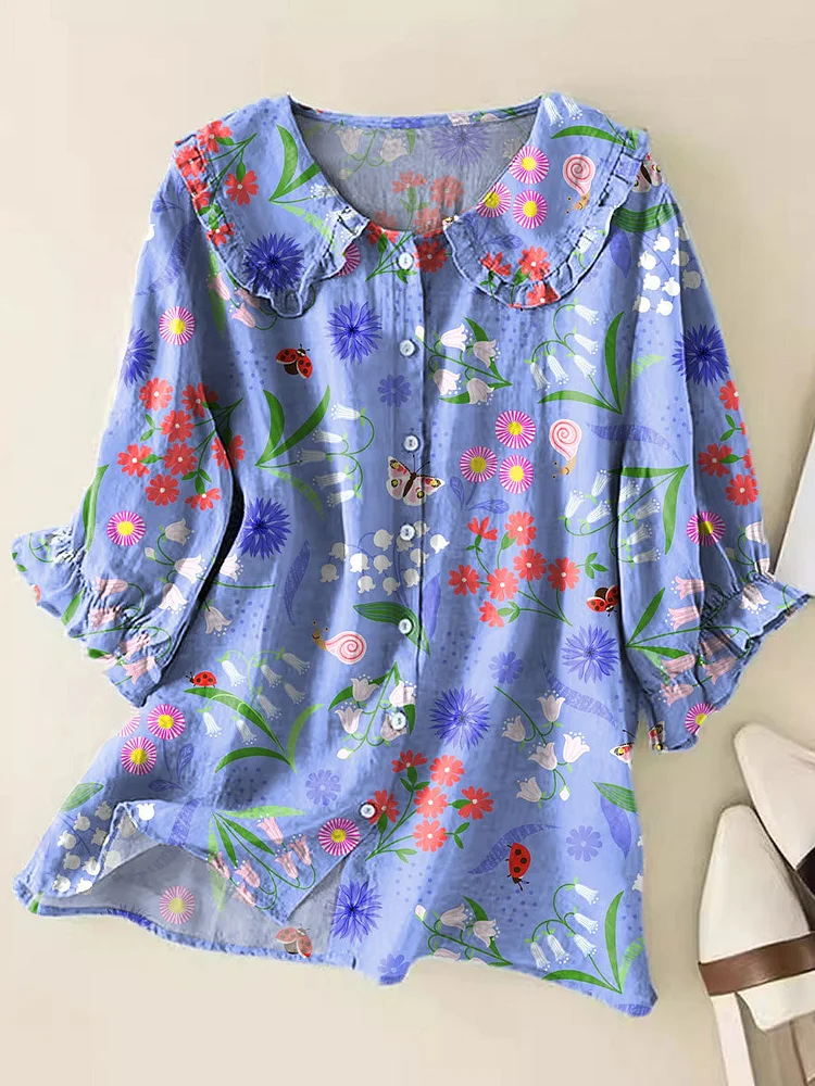 Women Vintage Flower Art Print Loose Peter Pan Collar Half Sleeve Blouses