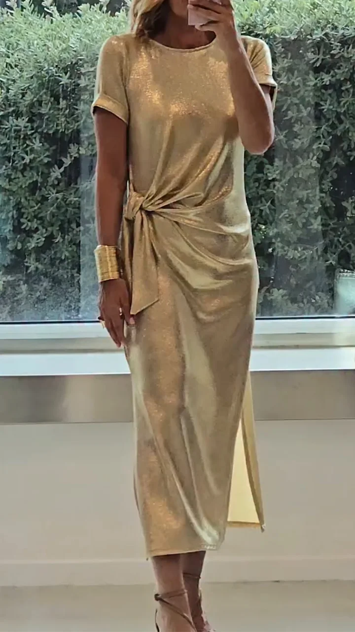 Ladies Round Neck Pleated Slit Temperament Casual Dress