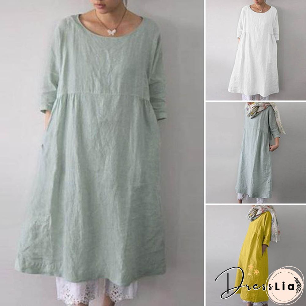 ZANZEA Women O-Neck 3/4 Sleeve Solid Color Loose Shirt Dress Kaftan Dress Plus Size S-5XL