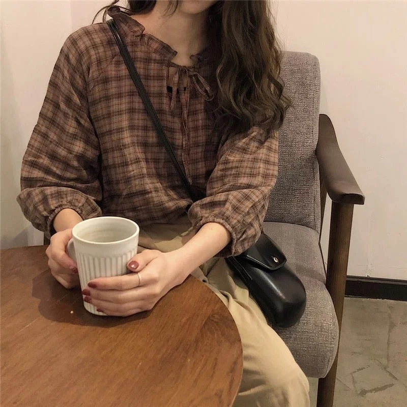 2023 new spring brown plaid check Cotton Women Blouse Shirt Turn-down Collar Long Sleeve Blouse Casual Loose Tops Female