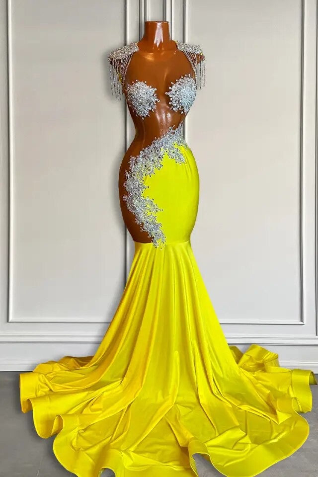 Classy Yellow Scoop Evening Gown Mermaid Long With Beadings Tassels - lulusllly