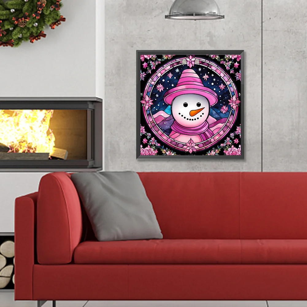 Full Round Diamond Painting 30*30cm - Pink Snowman Glass Painting