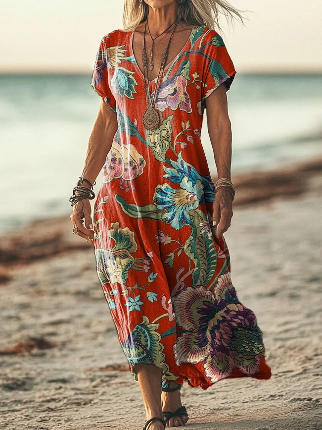 Women's Vintage Ethnic Floral Art Print Short Sleeve Pocket Cotton Linen Dress