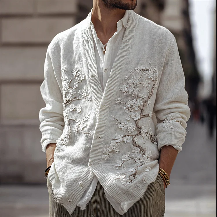 Men's Japanese Almond Blossom Comfy Knit Cardigan