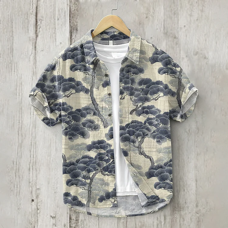 Vintage Japanese Pine Trees Art  Pattern Linen Blend Shirt