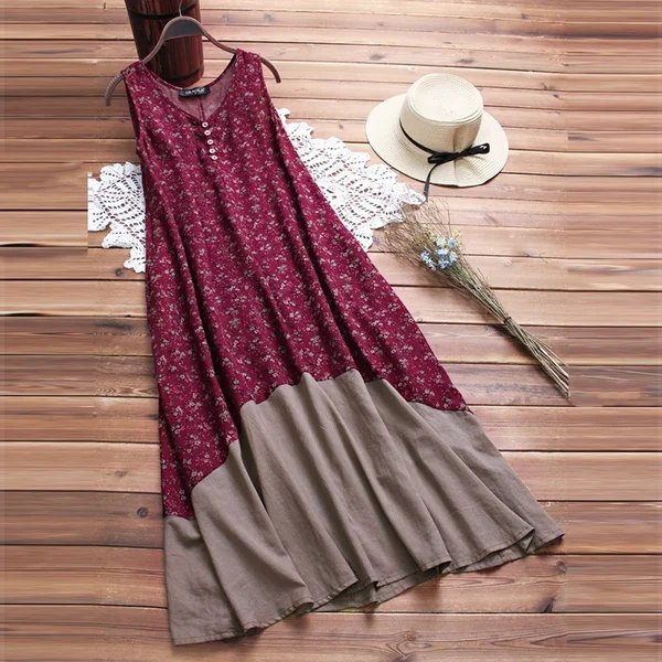 S-5XL Boho Vintage Women Floral Patchwork Sleeveless V-neck Causal Loose Summer Long Dress
