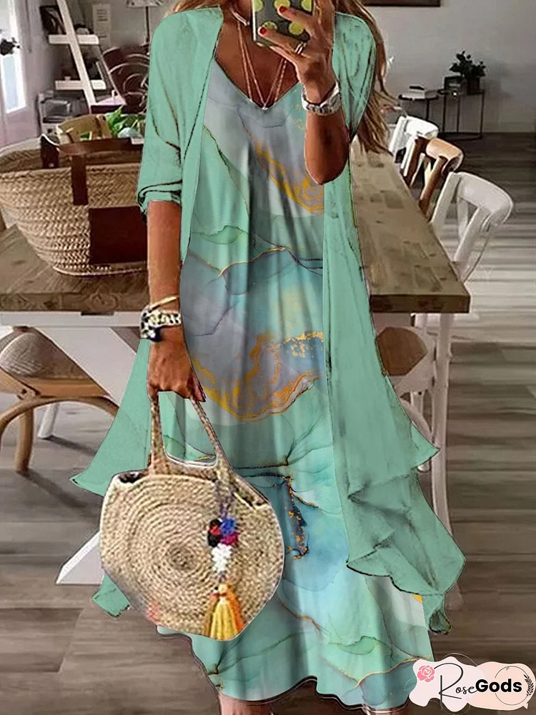 Rainbow Gradient Marble Loose Resort Beach Chiffon Two-Piece Dress Set Long Plus Size