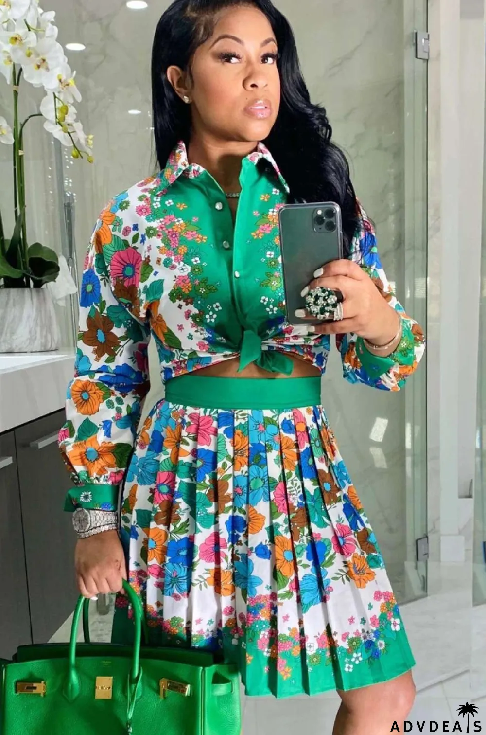 Autumn Print Retro Long Sleeve Blouse and Pleated Skirt Set