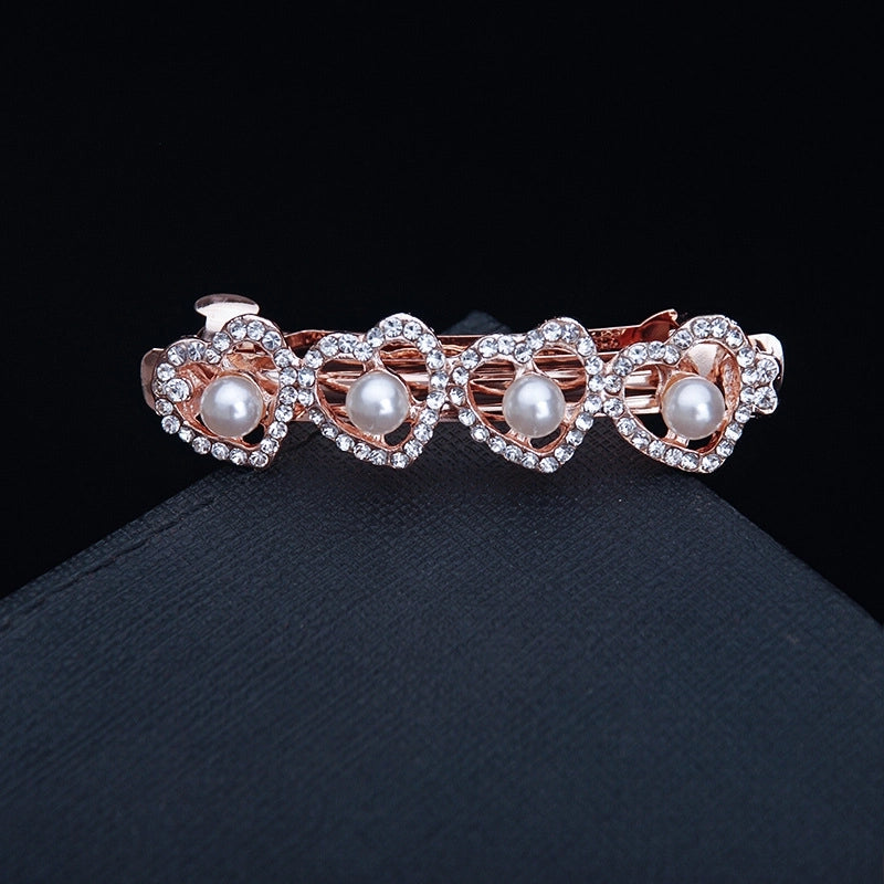 Korean Hair Accessories Rhinestone Bow Simple Hairpin Adult Pearl Horizontal Clip Ponytail Clip Top Clip Spring Clip Small