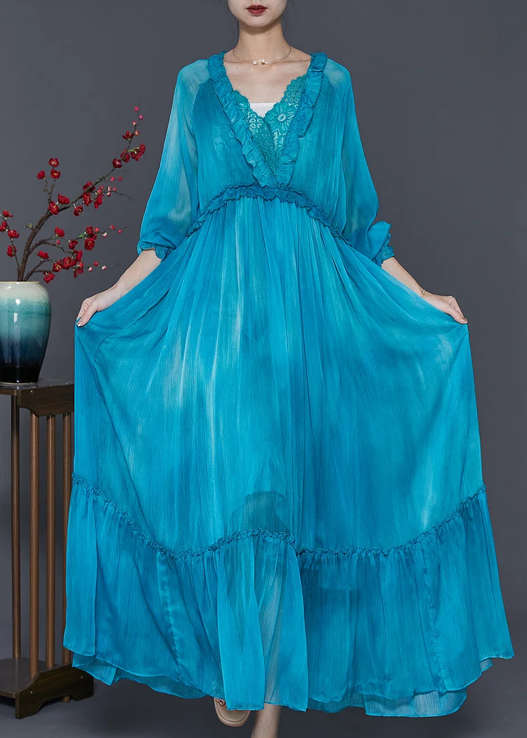 Modern Peacock Blue Ruffled Patchwork Chiffon Maxi Dress Spring