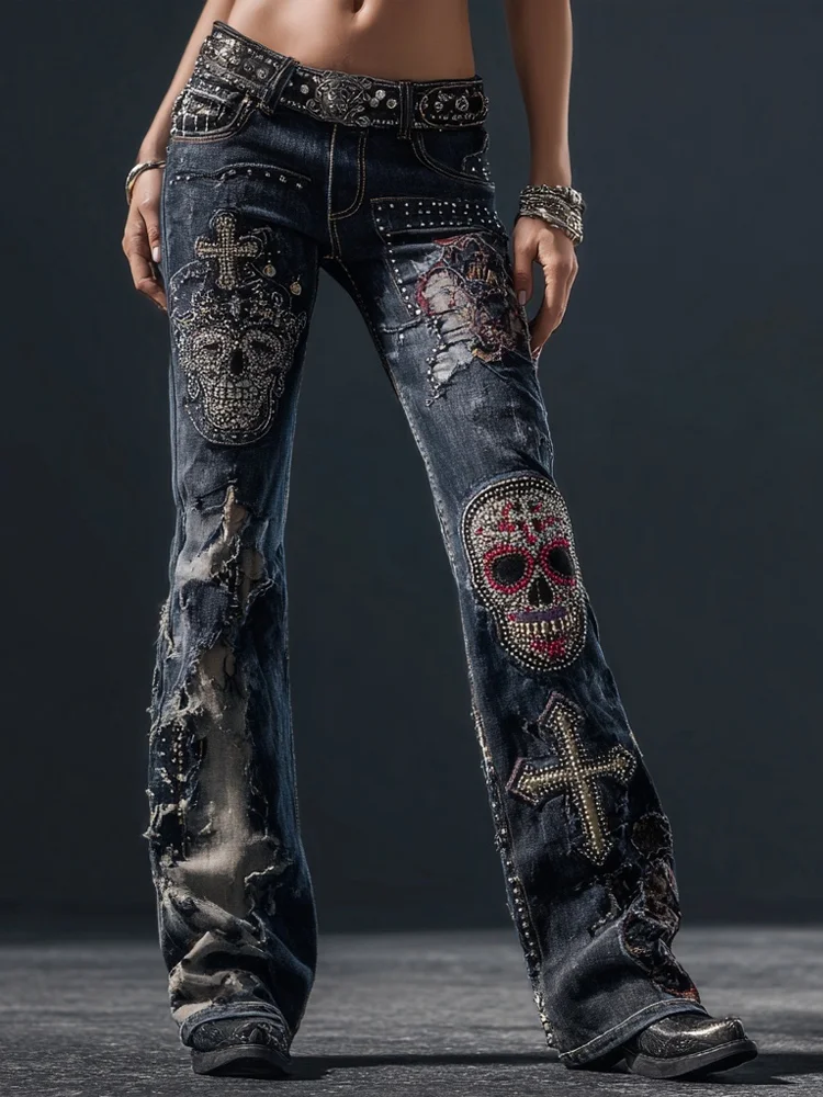 Vintage Rock Style Skulls & Cross Studded Distressed Bootcut Jeans