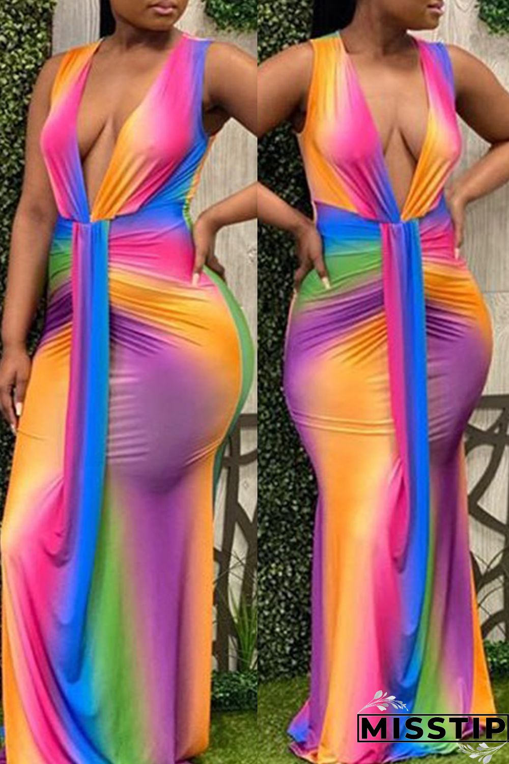 Multicolor Fashion Sexy Print V Neck Sleeveless Dress
