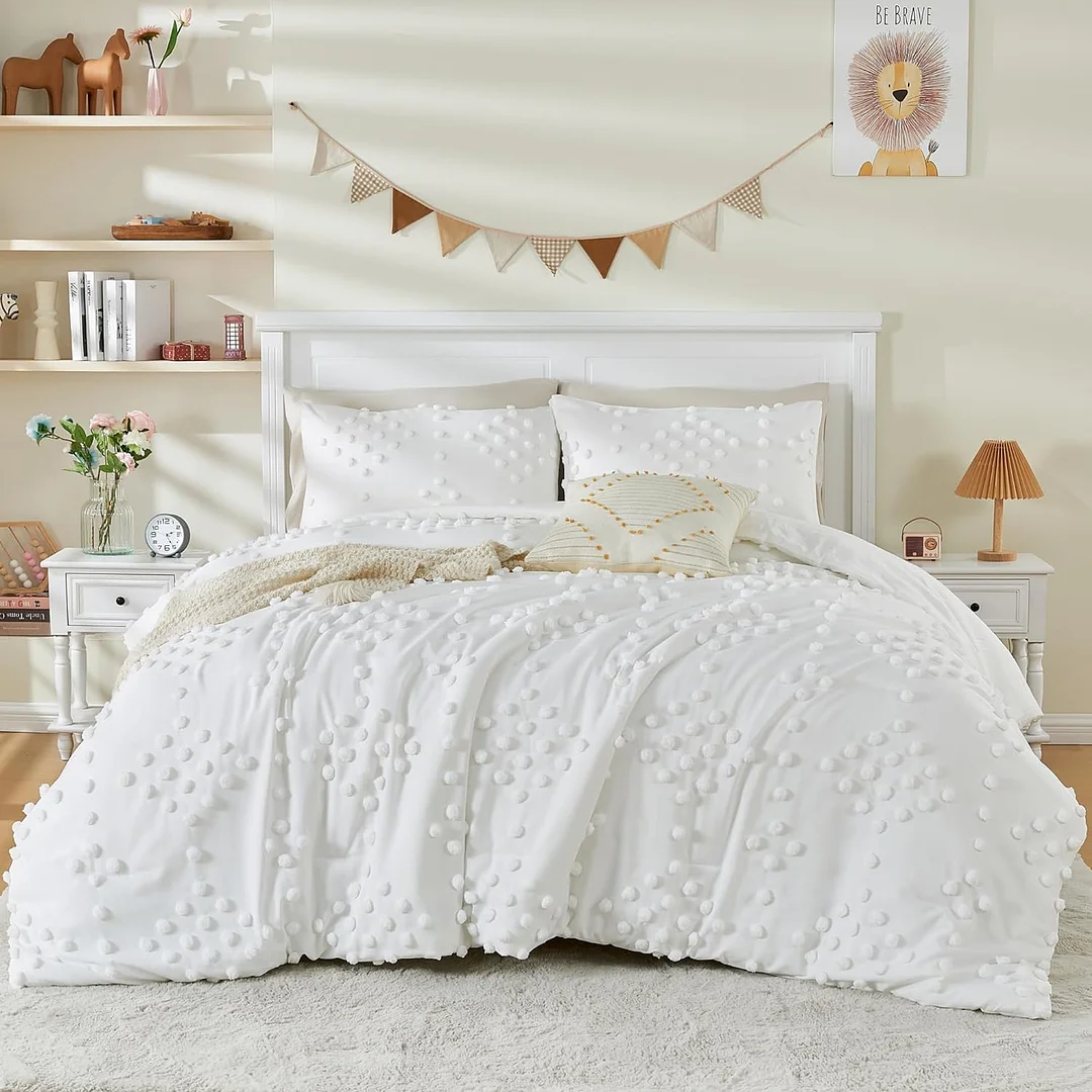 3-Piece Boho Tufted Dots Queen Size Kids Bedding Set for Girls Beige Jacquard Pom Pom Tufts Embroidery Bed-in-a-Bag Bohemian Kids Comforter Set for Boys with Comforter, 2 Pillowcase