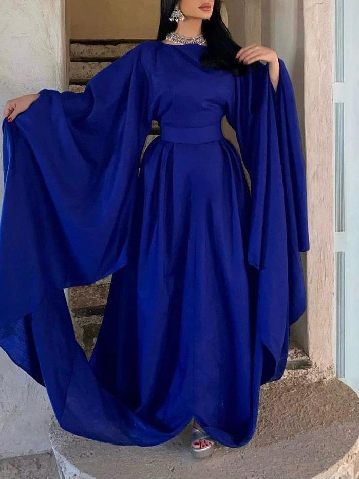 Blue Round Neck Extra Long Sleeve Elegant Dress