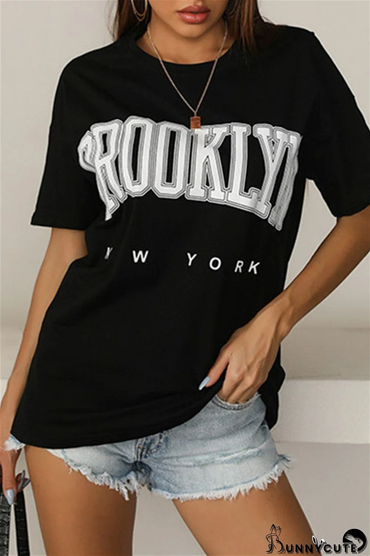 Black Fashion Casual Letter Print Basic O Neck T-Shirts