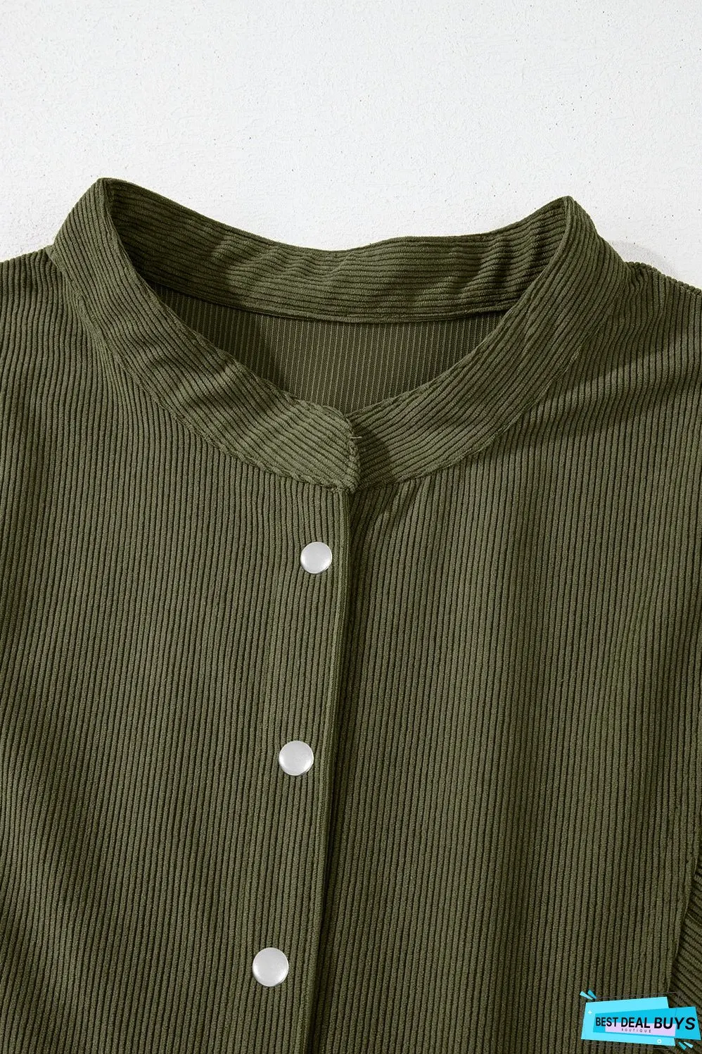 Vineyard Green Corduroy Snap Buttons Empire Waist Bracelet Sleeve Dress
