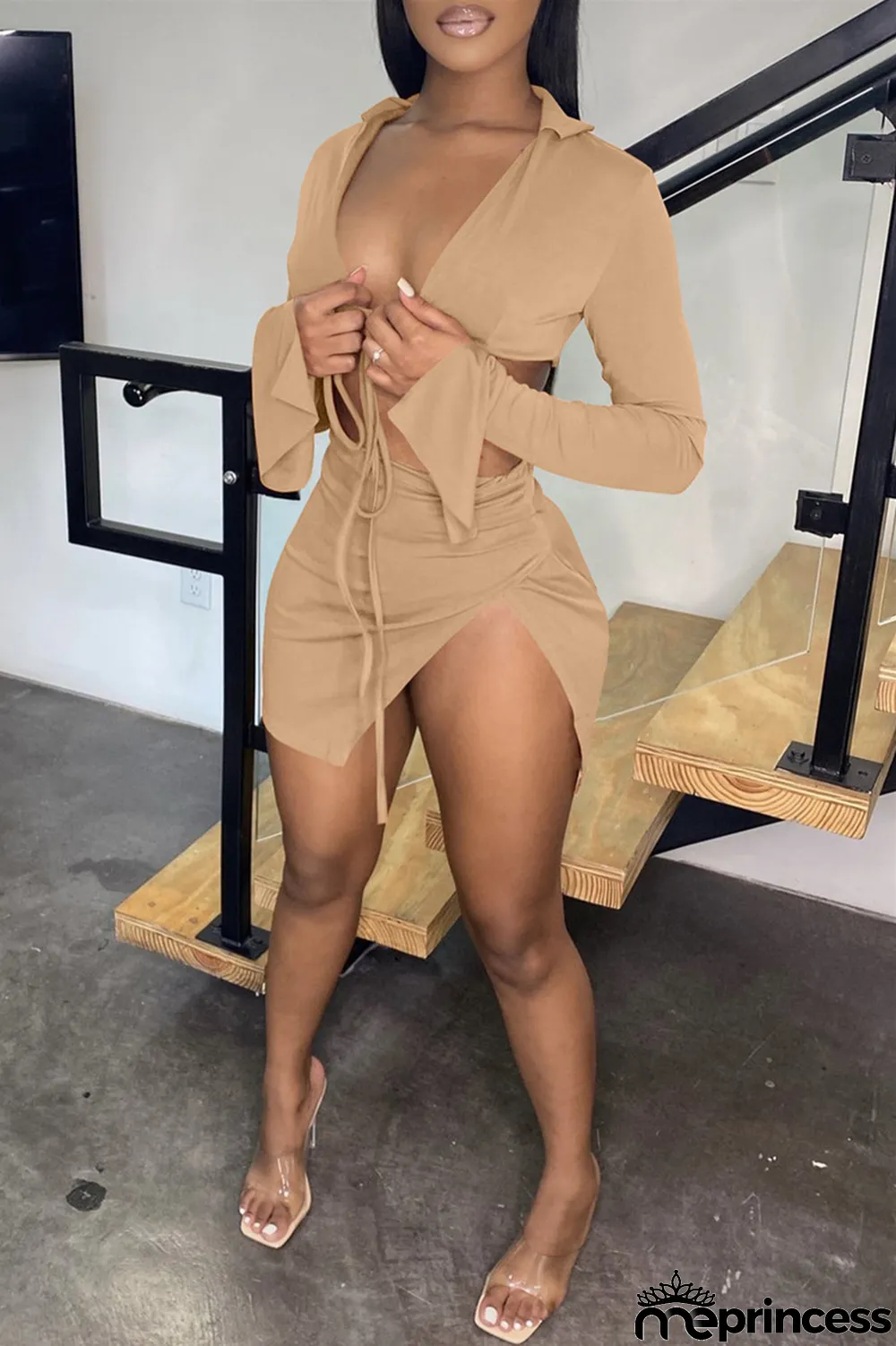 Black Sexy Casual Solid Bandage Slit V Neck Long Sleeve Two Pieces