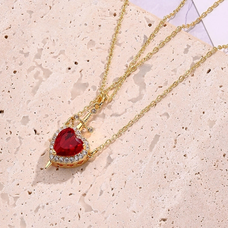 Classical Minimalist Classic Style Sword Heart Shape Simple Copper Zircon 18K Gold Plated Polishing Inlay Pendant Necklace