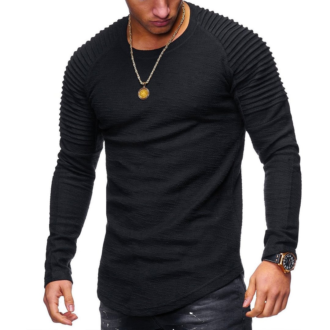 Men's Round Neck Slim Solid Color Long-sleeved Striped Fold Raglan Sleeve Style T-shirt