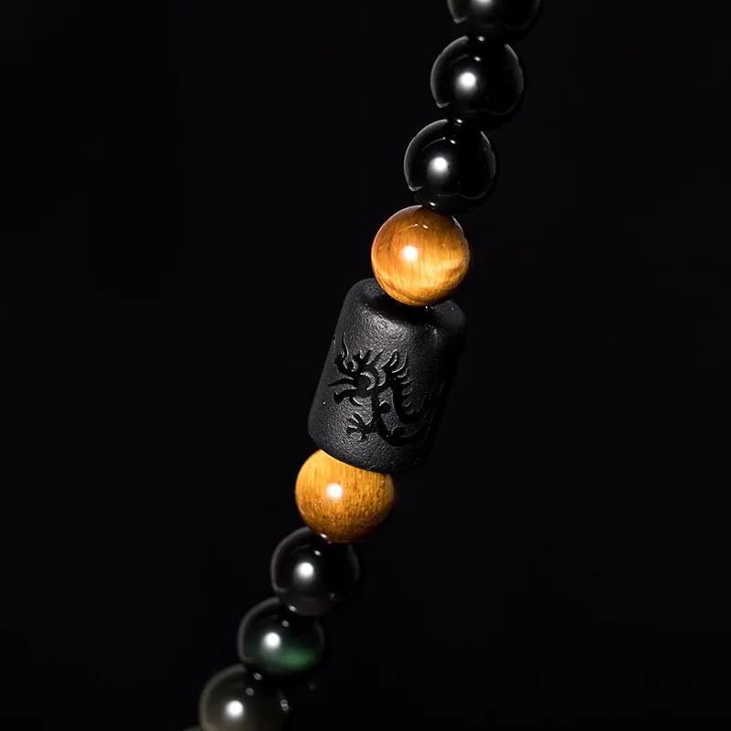 Natural Black Obsidian Rainbow Obsidian Gourd Blessing Bracelet Necklace Mala