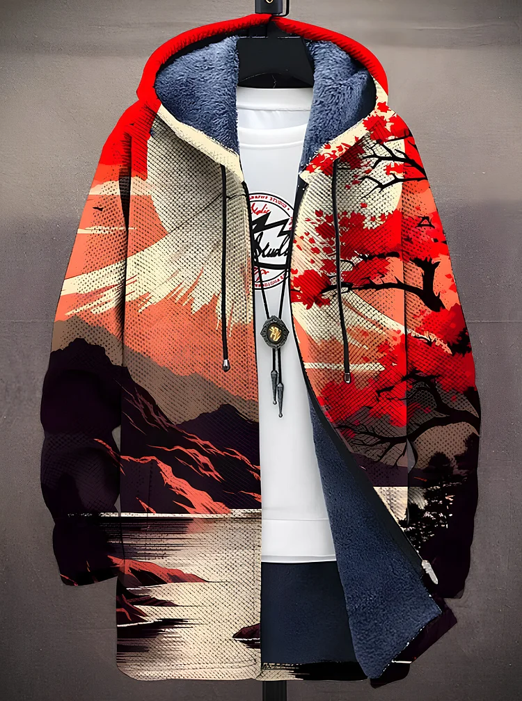 Men's Japan Mount Fuji Landscape Art Print Hooded Trench Coat