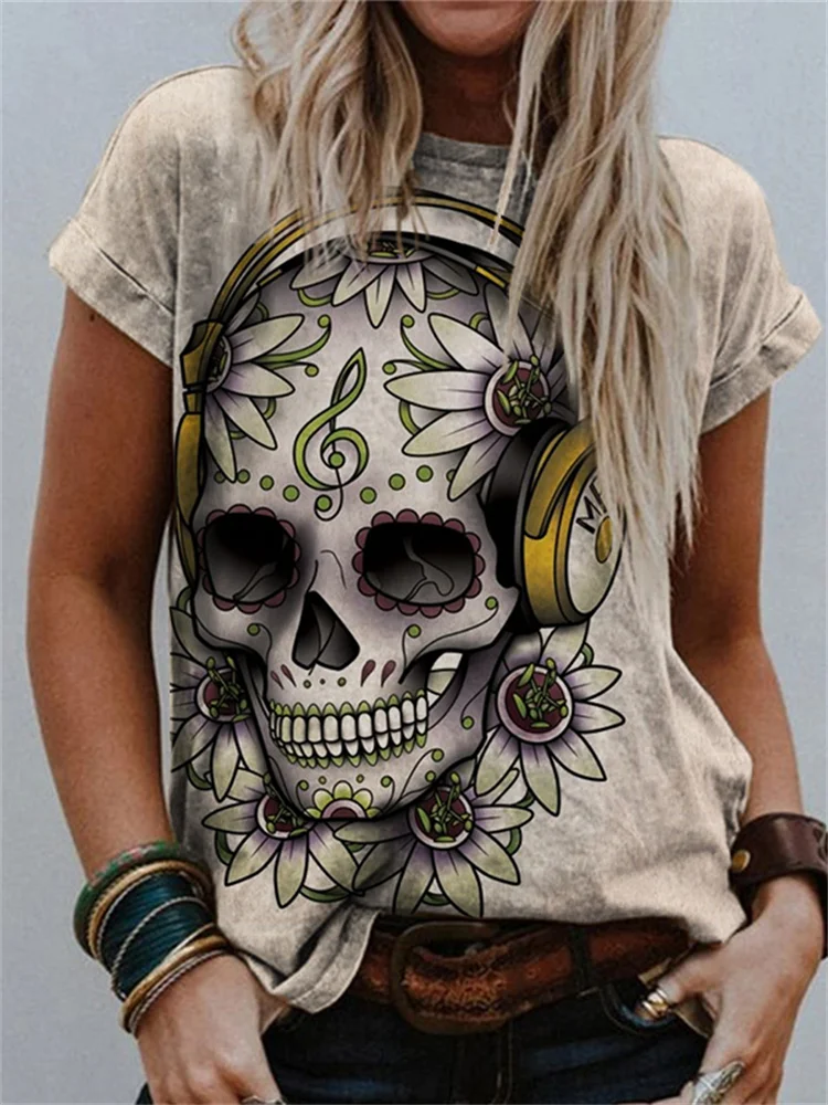 Music Lover Treble Clef Sugar Skull Crew Neck T Shirt