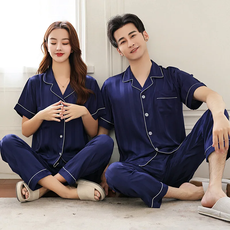Stolskolb Short-sleeved Shorts Ice Silk Pajamas Men and Silk Satin Pajamas Set Long Sleeved Sleep Women Sleepwear Pijamas Couple Pajamas