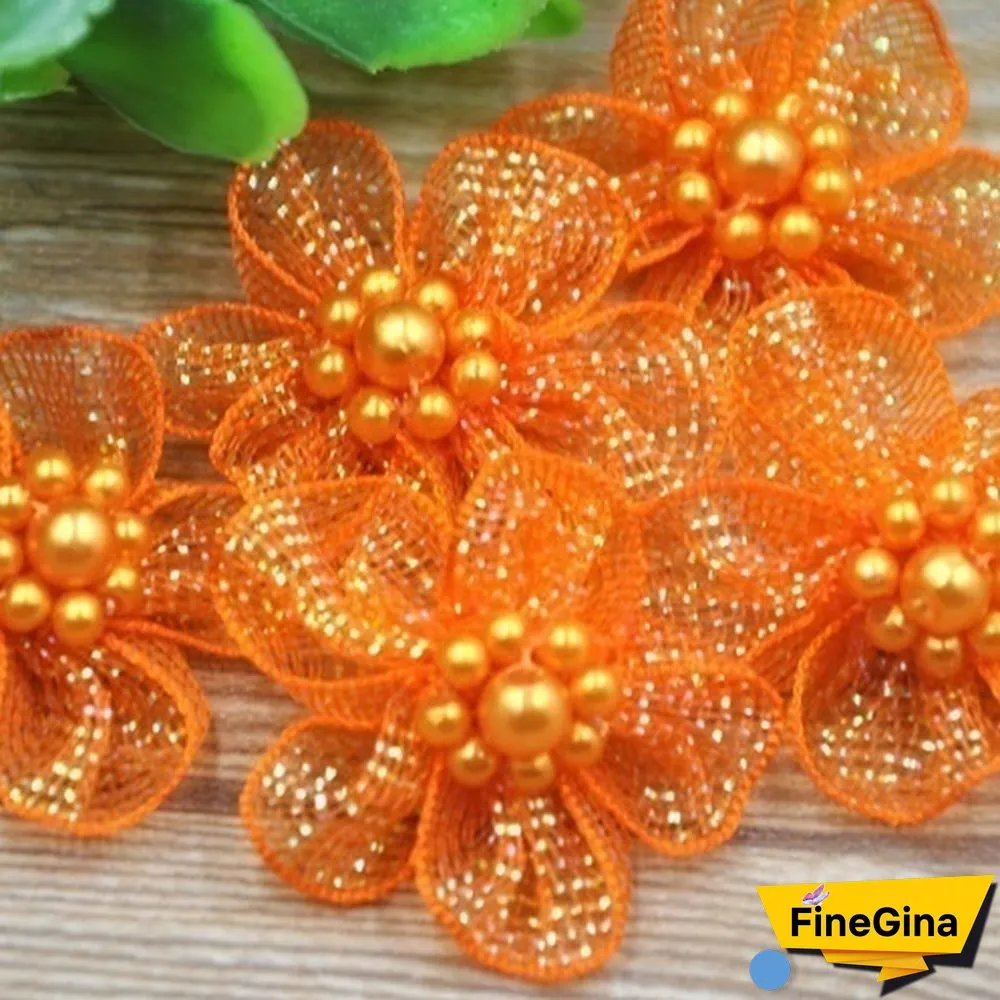 Hot 20Pcs Organza Ribbon Flowers Bows With Beads Appliques Wedding Craft DIY Christmas/Wedding Decoration