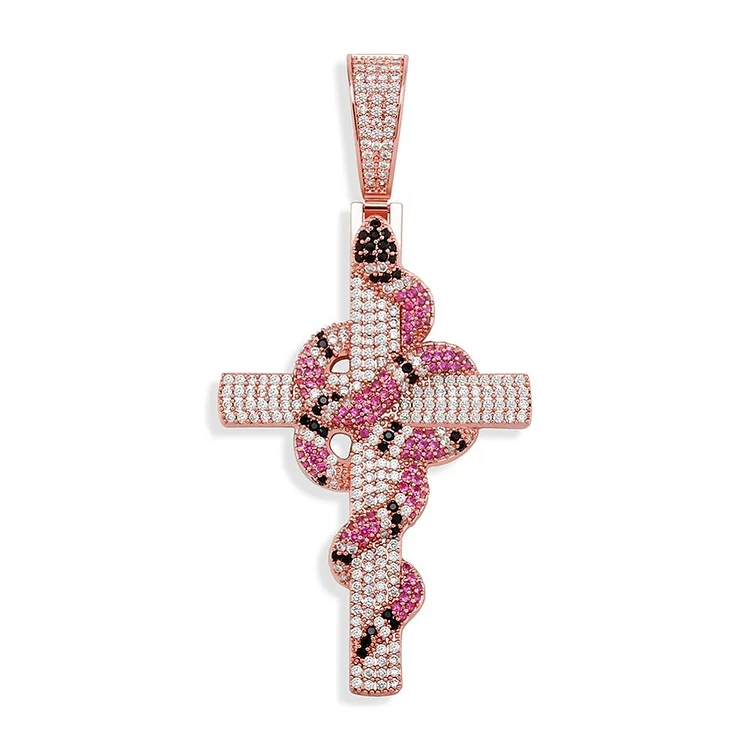 Iced Out Snake Winding Cross Pendant Necklace Hip Hop Jewelry-VESSFUL