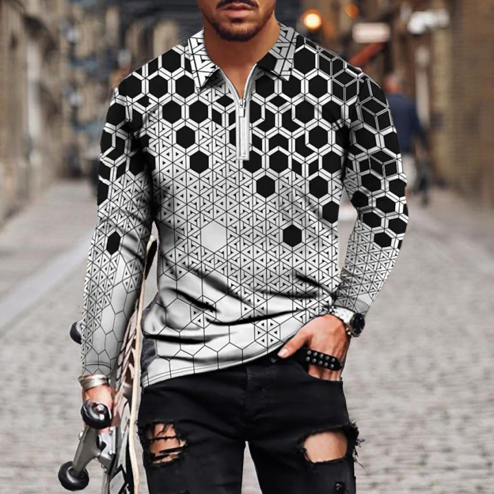 BrosWear Honeycomb Pattern Casual Long Sleeve Polo Shirt