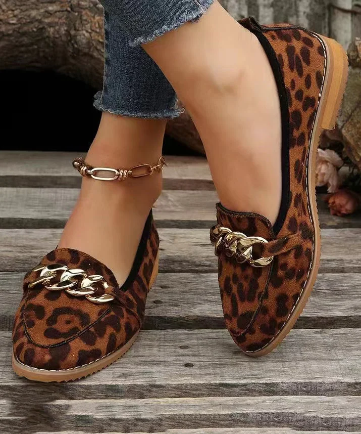 Leopard Flats Shoes Faux Leather Sequined Chain Linked Stylish Splicing