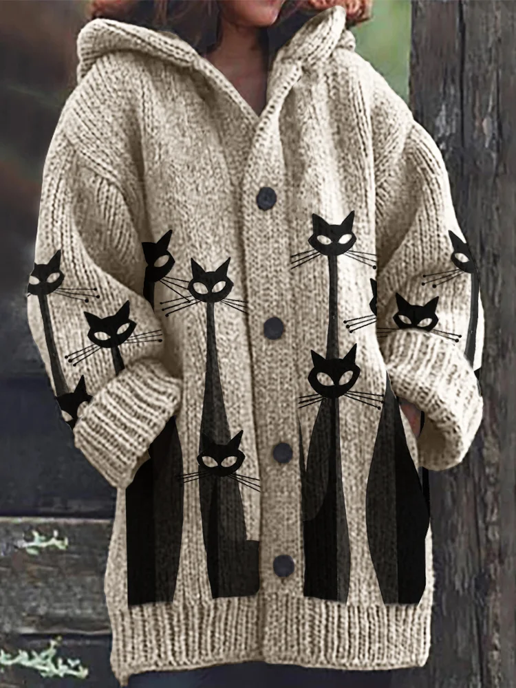 Black Cats Art Cozy Knit Hooded Cardigan