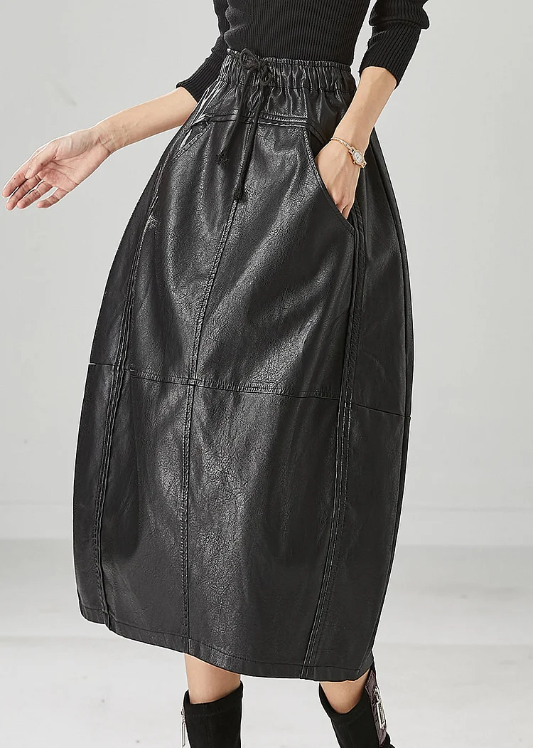 Fine Black Elastic Waist Patchwork Faux Leather Skirts Winter