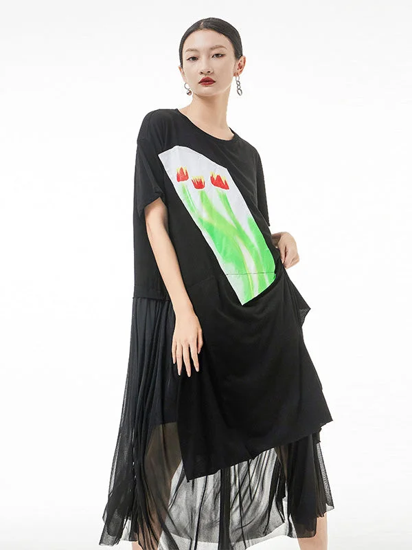 Fashion Asymmetric Printed Gauze Split-Joint Midi Dress