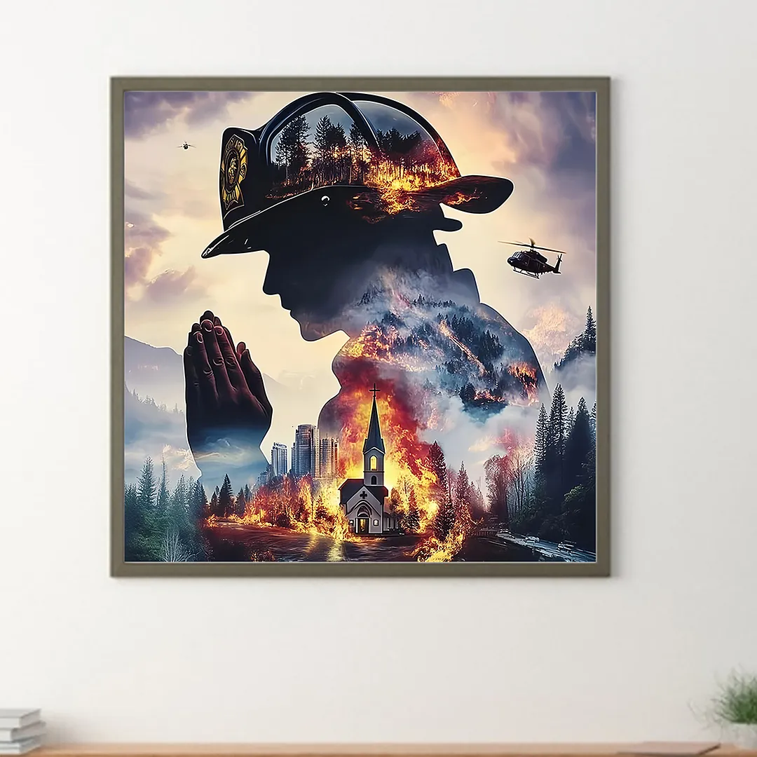 Firefighter Silhouette Full DIY 5D Round Drill Diamond Painting Kits for Adults/Beginners Gift Idea Home Decor Diamond Dots Paintings Picture Arts Craft 40x40cm
