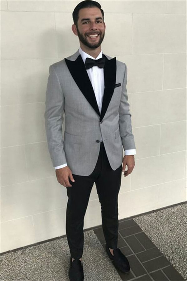 Slim Fit Formal Gray Business Mens Suits With Black Peaked Lapel | Ballbellas Ballbellas