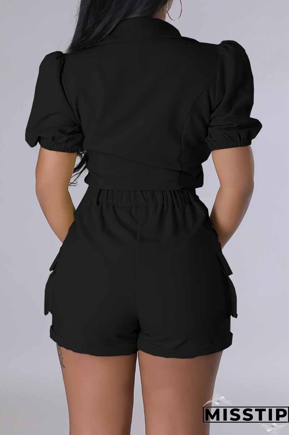 Black Casual Print Letter Turndown Collar Short Sleeve Two Pieces