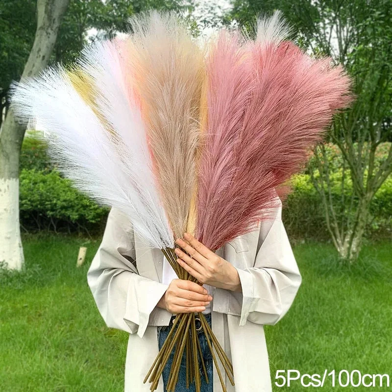 5Pcs 100/70cm Artificial Pampas Grass Bouquet New Year Holiday Wedding Party Home Decoration Plant Simulation Dried Flower Reed