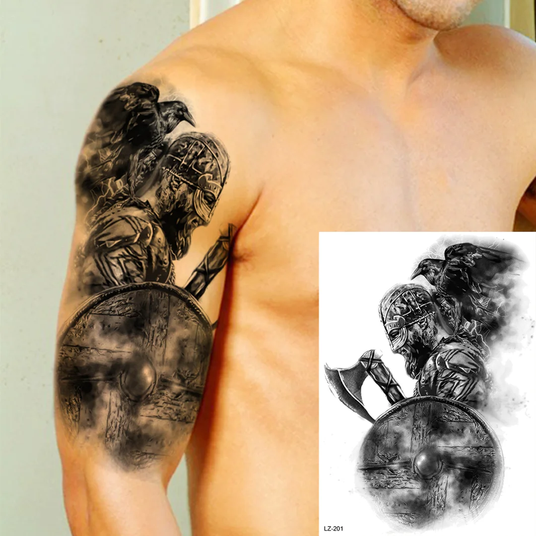 Sdrawing Black Skull Rose Flower Back Temporary Tattoos For Women Men Halloween Compass Round Fake Tattoo Sticker Skeleton