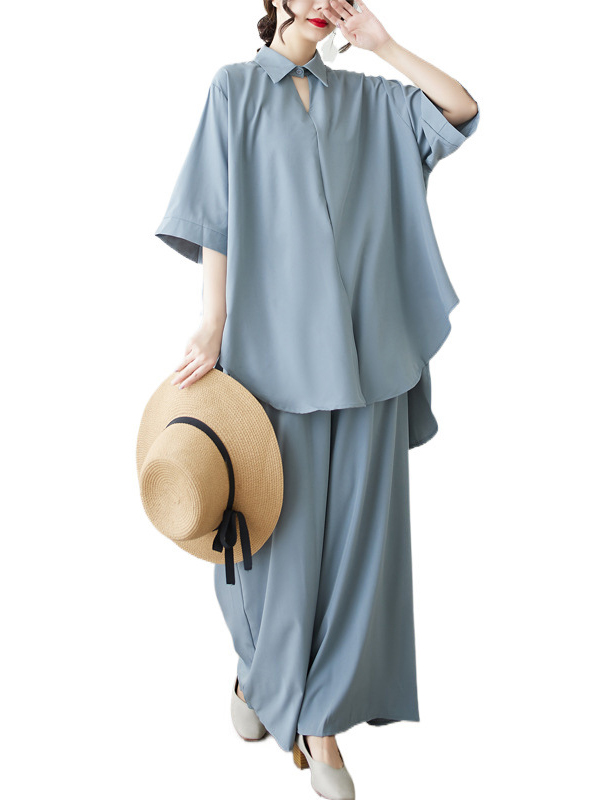 Oversized Short Sleeves Shirt And Wide Leg Pants Two-Piece Set