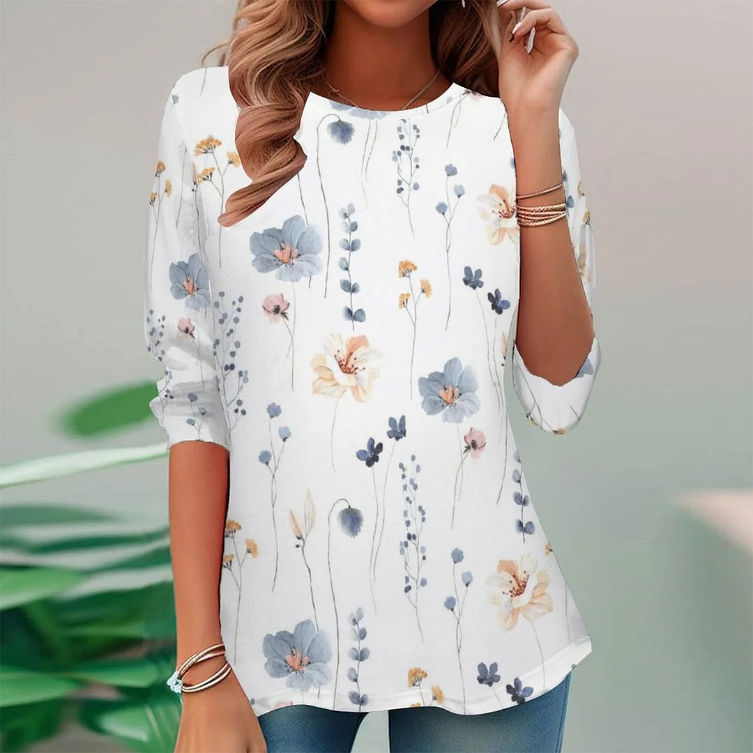 Full Printed Long Sleeve Plus Size Tunic for  Women Pattern Floral,Blue,White