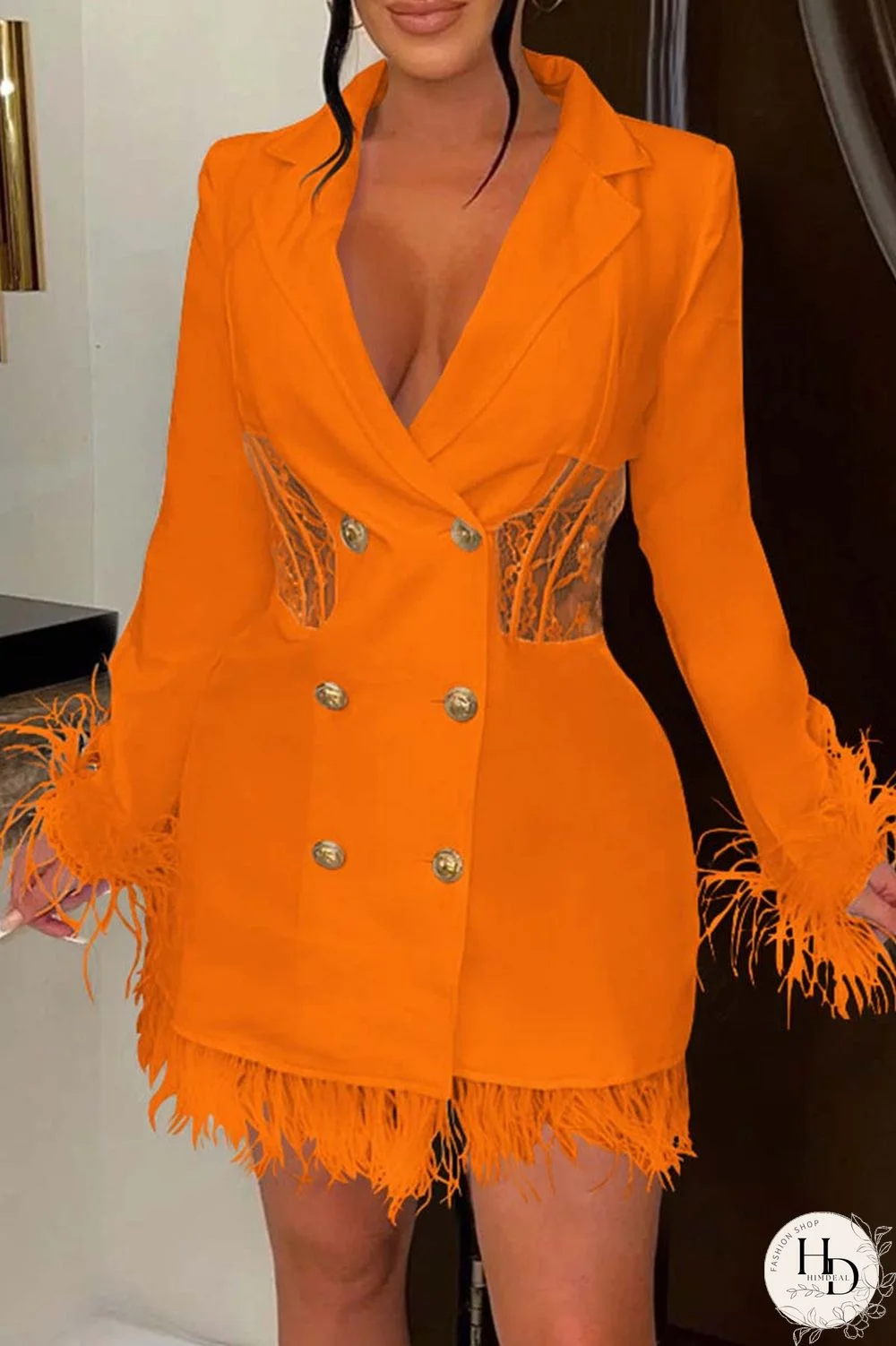Orange Casual Solid Patchwork Turn-back Collar Long Sleeve Dresses