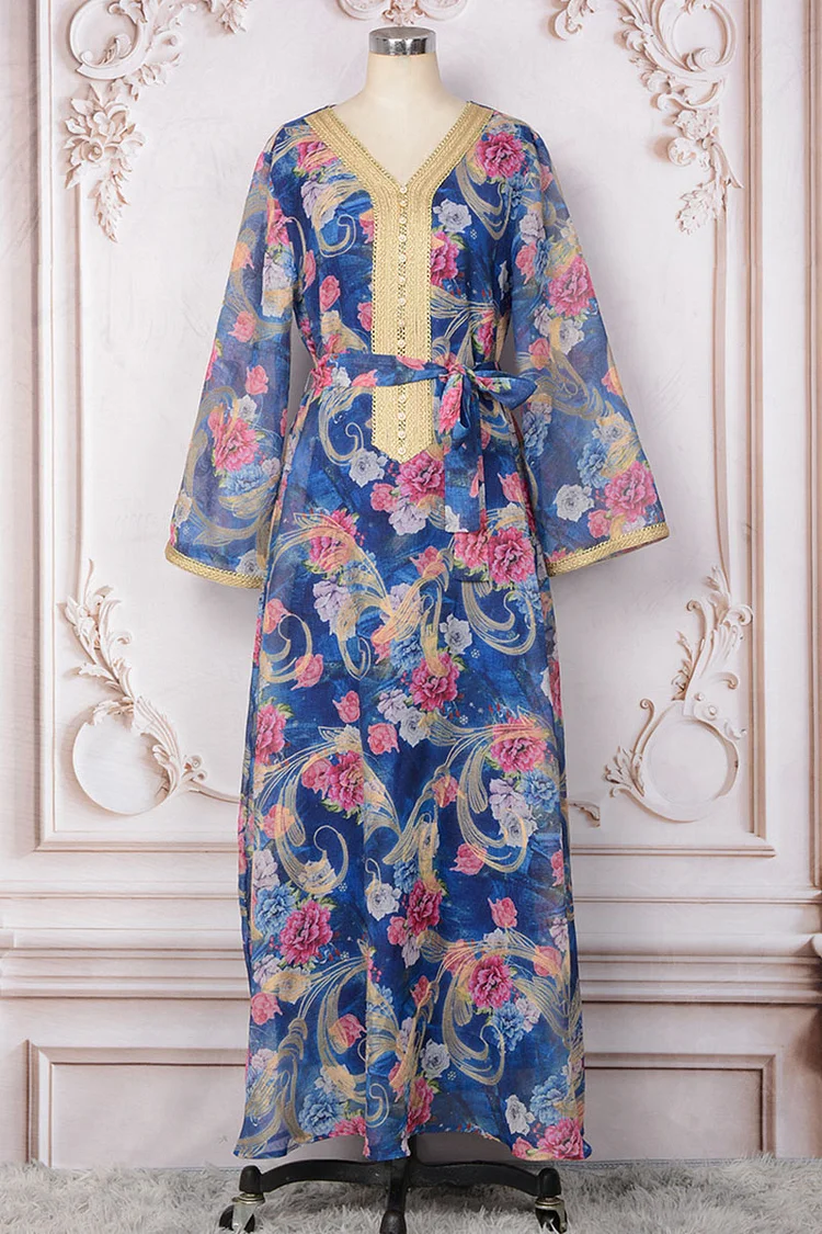 Embroidery Colorful Floral Print V Neck Tie Waist Maxi Dresses
