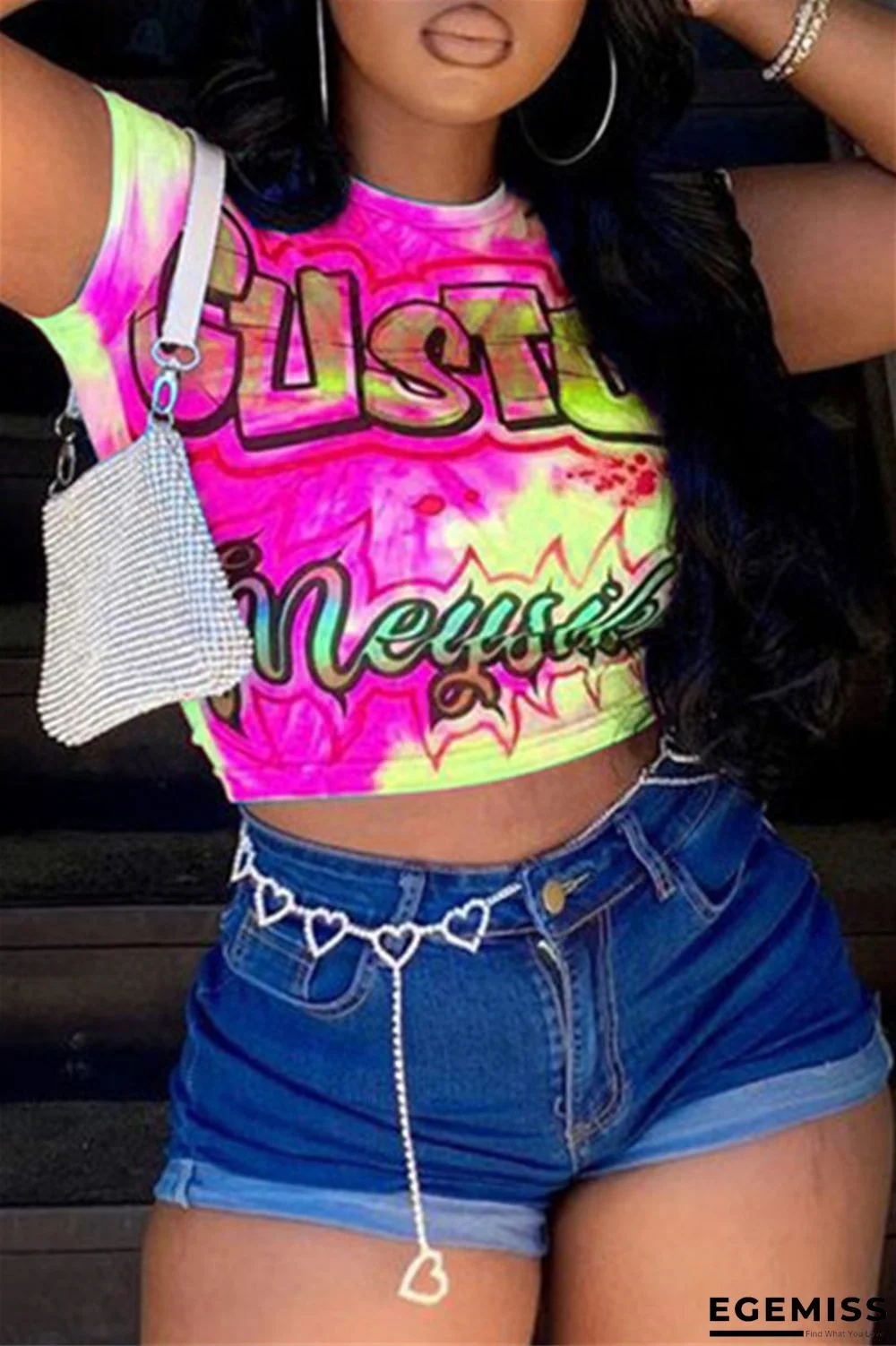 Pink Fashion Casual Print Basic O Neck T-Shirts | EGEMISS