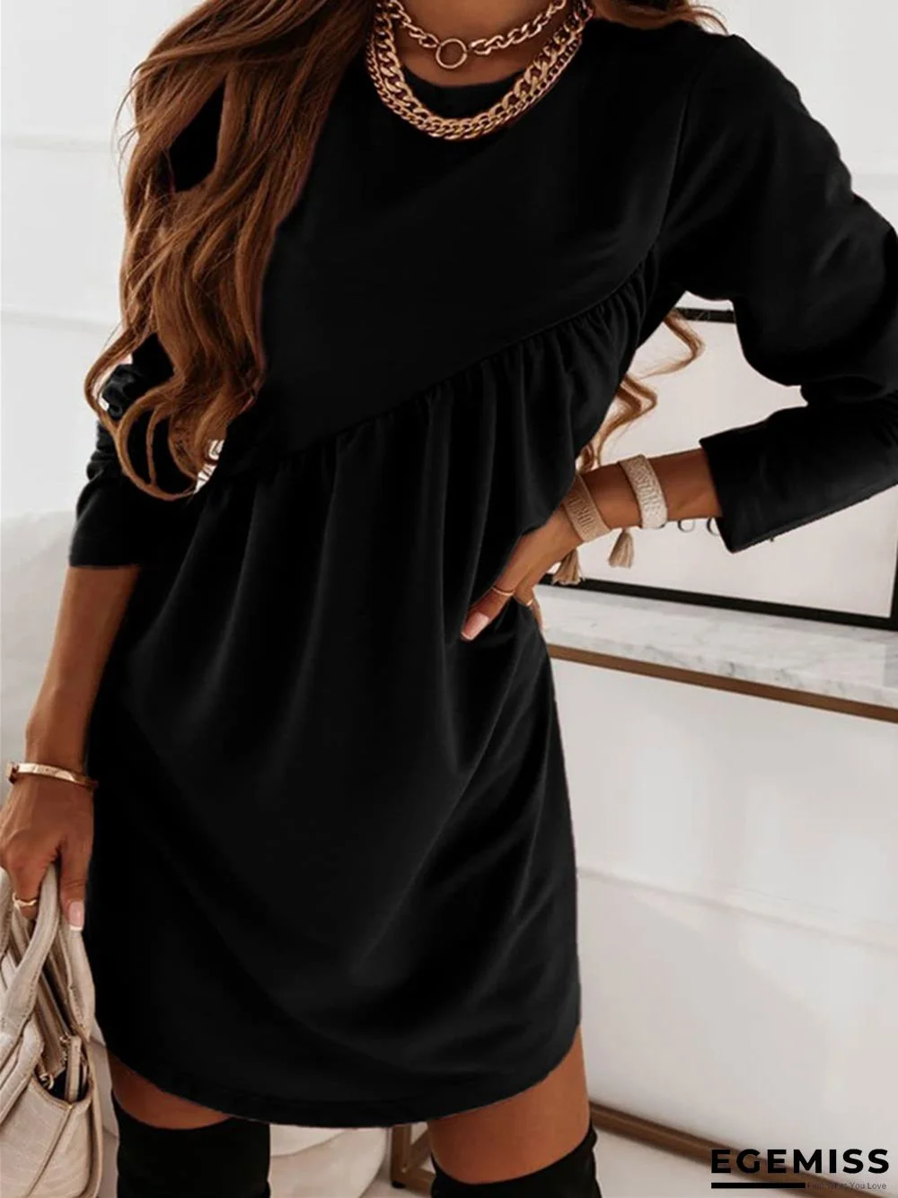 Long Sleeve Irregular Round Neck Dress with Solid Color | EGEMISS