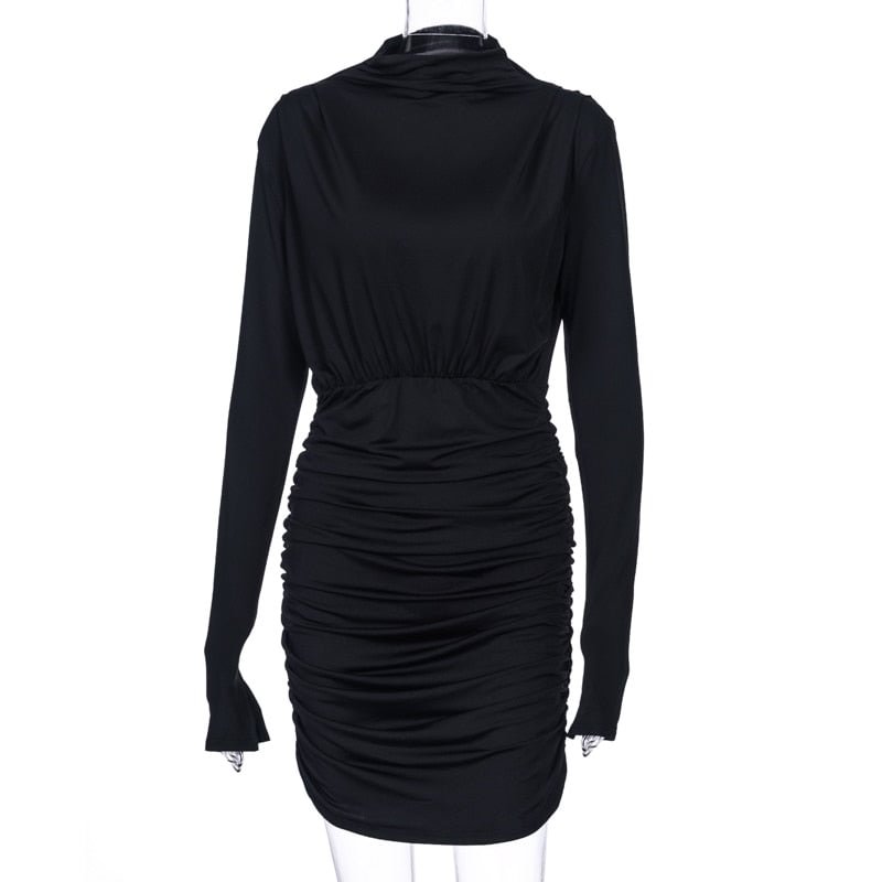 Hugcitar Long Sleeve Ruched Pure Sexy Mini Dress 2022 Autumn Winter Women Streetwear Party Outfits Clubwear
