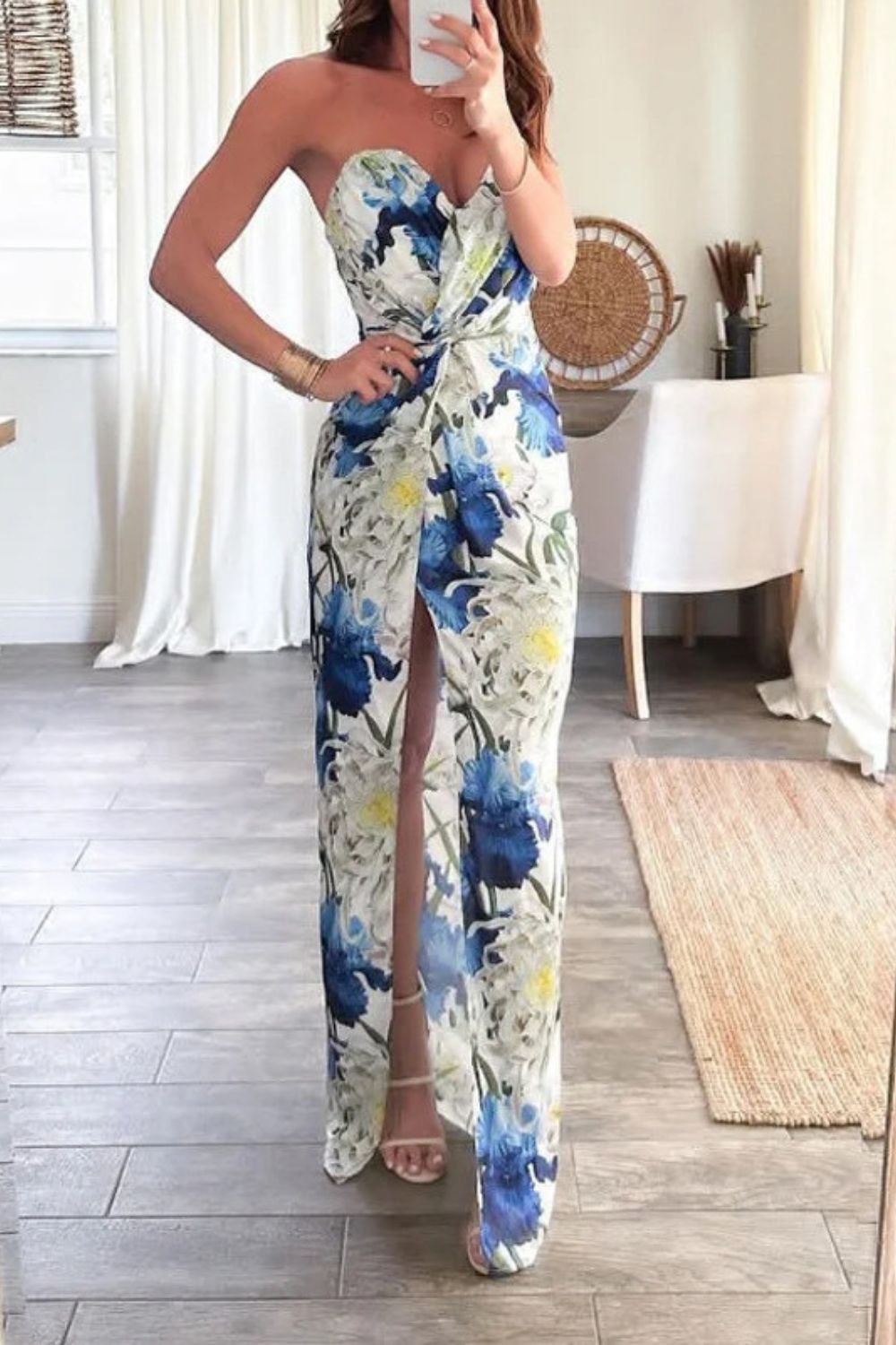 Fashion Tube Top Temperament Waist Elegant Party Printed Maxi Dress