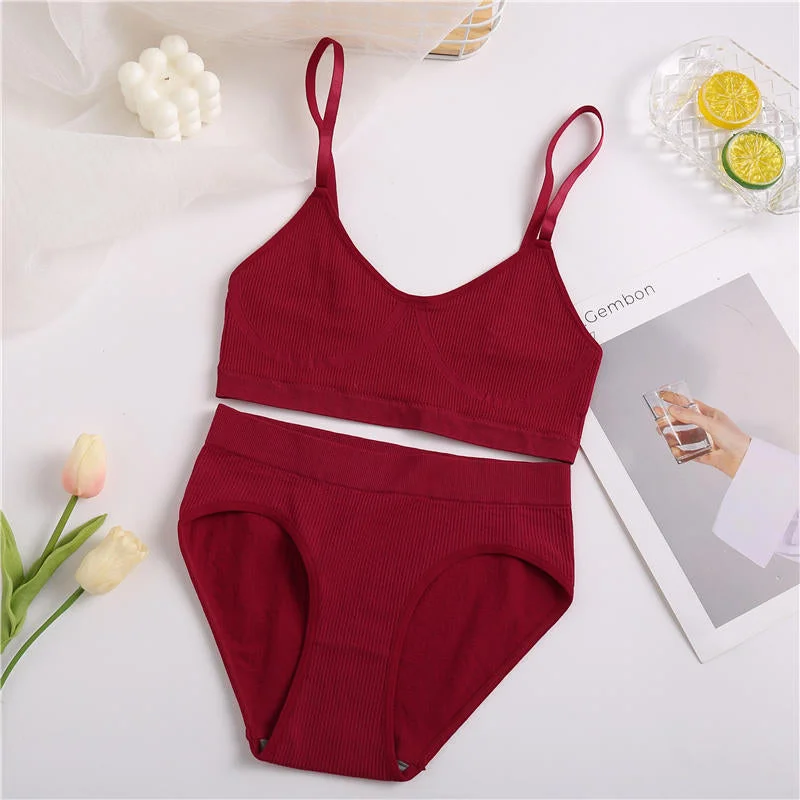 2PCS Bra Set Women Sexy Bralette Sexy Female Underwear Lingerie Ribbed Tops Girls Fashion Brassiere Basic Stretchy Tank Crop Top